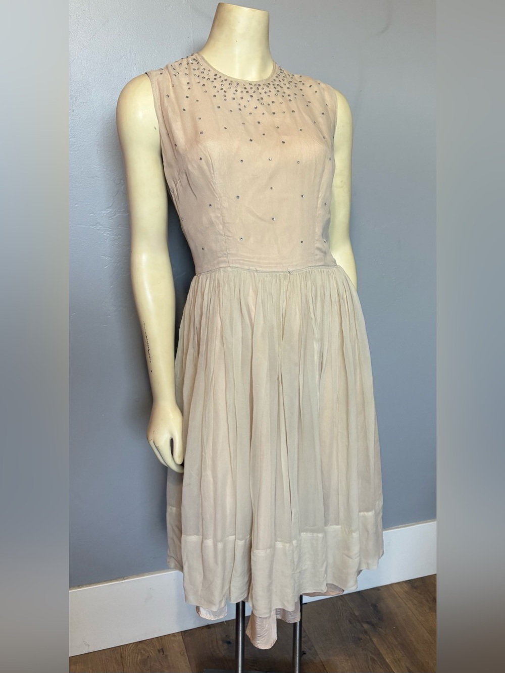 R&K Originals 1950s Vintage Sheer Overlay Cream Rhinestone Dress Small